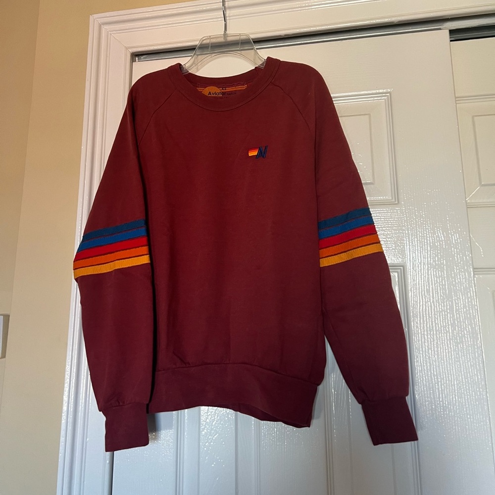 Aviator Nation Rainbow Stitch Sleeve Crew Sweatshirt - Claret 2 - XS